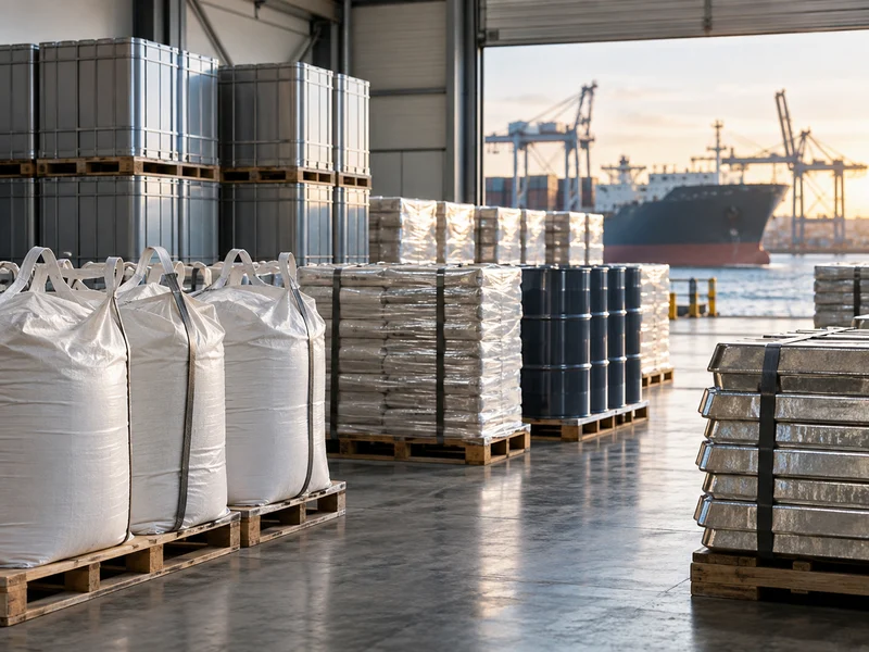 Illustrative industrial warehouse with bulk bags, stacked cargo and a port beyond