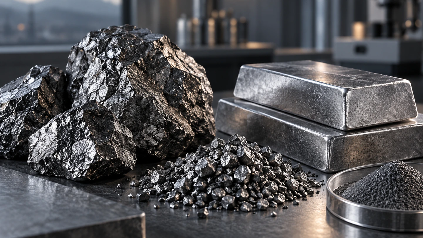 Illustrative metal and mineral samples on a workbench