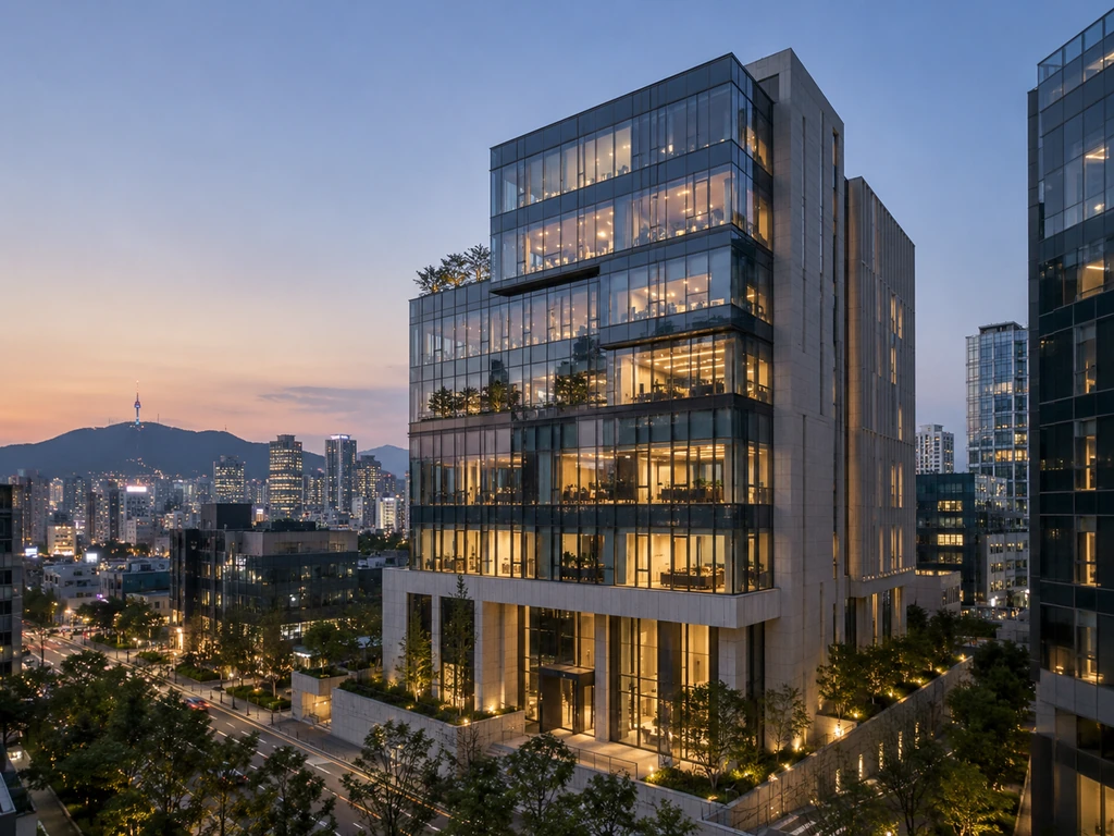 Illustrative modern office building at dusk